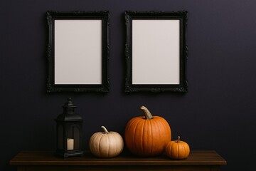 Halloween Frame Mockup with Pumpkins and Lantern on Dark Background