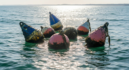 A group of old, weathered marine buoys floats together on a calm sea under a bright, sunny sky. The buoys, covered in algae and barnacles, show signs of their journey, each with its own unique colors