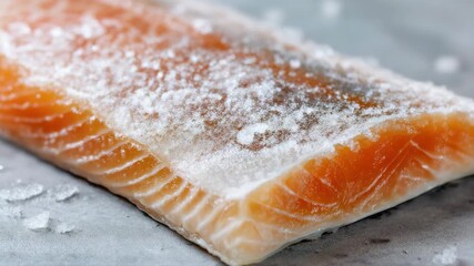 Closeup of fresh salmon fillet with salt crystals on smooth surface transition