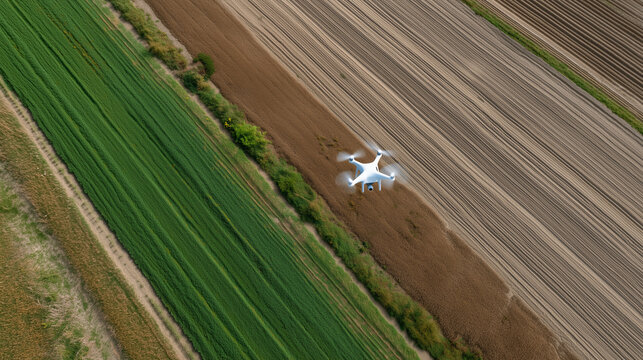 Drone aerials surveying agricultural fields with crop patterns and irrigation systems visible, drone aerials, farming drone photography, aerial agriculture view, precision farming shots.