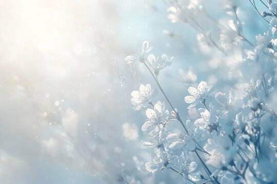 A close-up of delicate cherry blossoms in full bloom, with soft sunlight filtering through the petals.
