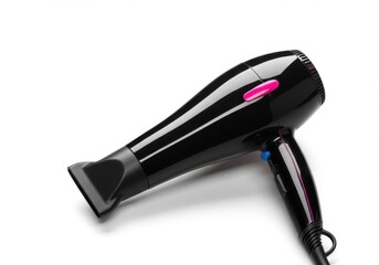 A sleek black hair dryer with accents of vibrant pink is angled against a bright white background.