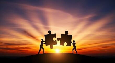Teamwork and success concept with two people assembling puzzle pieces against sunset sky