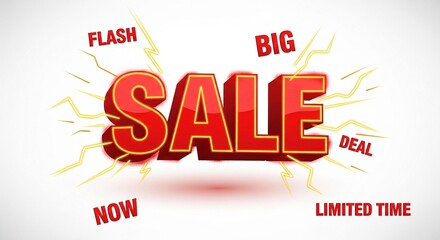 A vibrant red 3D 'Sale' sign surrounded by promotional text like 'Flash', 'Big Deal', and 'Limited Time' on a white background.