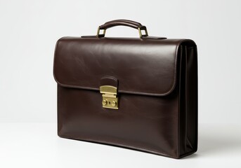 A rich brown leather briefcase, featuring a simple, elegant design, sits on a plain white background.