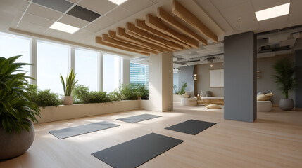 Hybrid office wellness area with yoga mats meditation corners and natural light, hybrid office, wellness hybrid space, office relaxation zone, flexible work wellness.