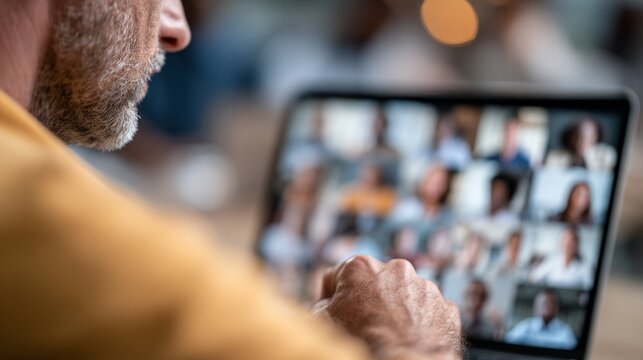 Man participating in a virtual meeting on a laptop with many attendees