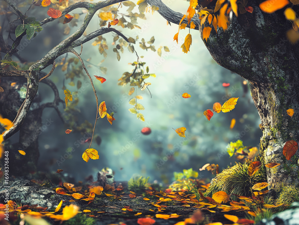 Poster enchanted forest scene with vibrant autumn leaves falling from trees, creating a magical atmosphere 