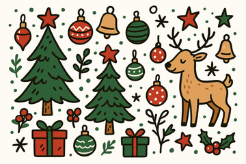 Festive christmas scene with reindeer ornaments trees presents and stars