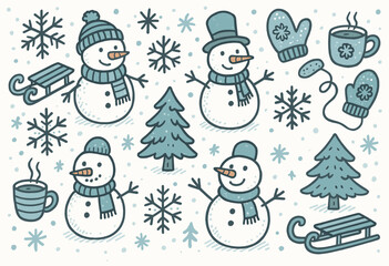 Festive snowmen and winter elements mittens, sleds, and trees in a cheerful winter scene