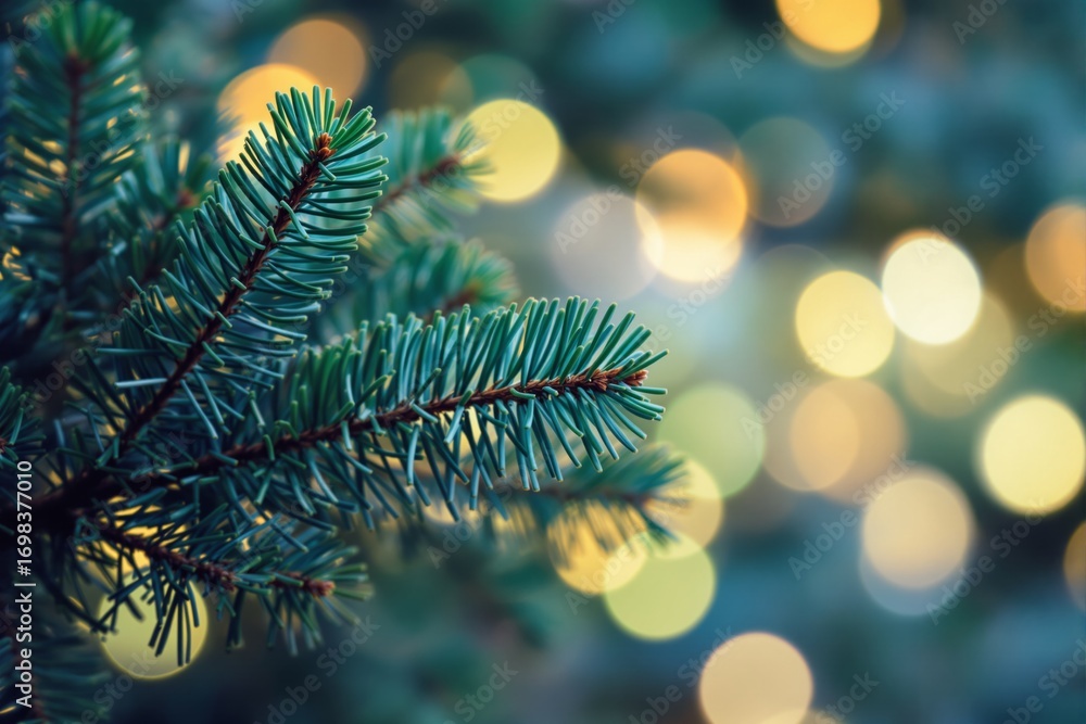 Poster pine tree branches in sharp focus with glowing bokeh lights in the soft background, dreamy festive c