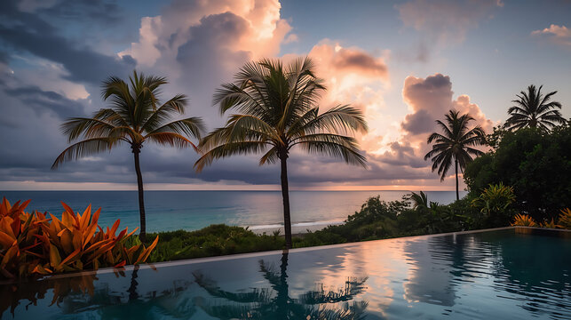 Palm trees by the beach at sunset over the river in a tropical paradise