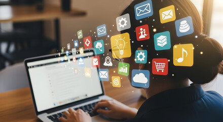 Laptop User Launching Cloud of App Icons: App Ecosystem, Multichannel Digital Services, Content Distribution, SaaS Integration, and Productivity Suite Visualized as Floating Application Badges from a 