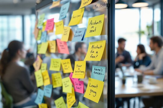 Colorful sticky notes on a glass board in focus, creative office background with diverse team members in discussion, concept of brainstorming session. Ai generative