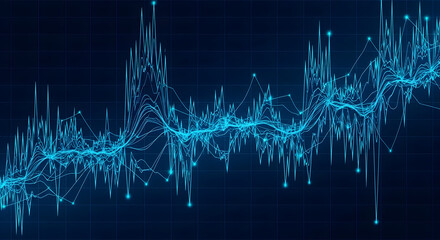 Blue Financial Waveform and Market Volatility Visualization: Stylized Oscillating Line Graphs Representing Price Fluctuations, Signal Analysis, and Trading Data