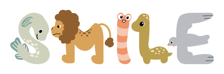 cute animal alphabet letters forming word smile nursery vector clipart illustration