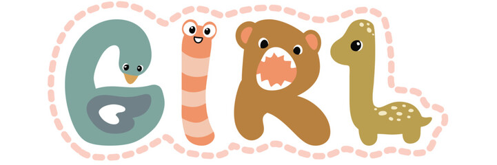 cute animal alphabet letters forming word girl nursery vector clipart illustration