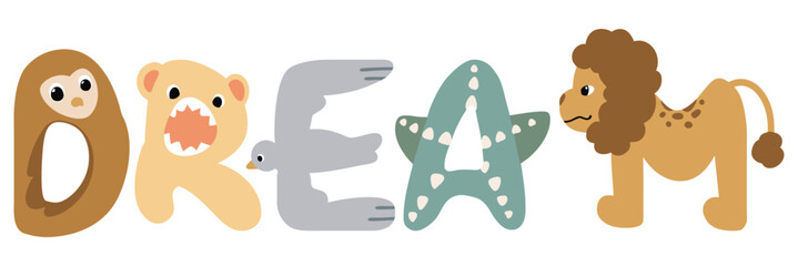cute animal alphabet letters forming word dream nursery vector clipart illustration