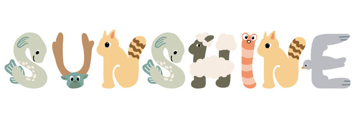 cute animal alphabet letters forming word sunshine nursery vector clipart illustration