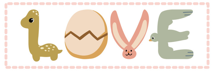 cute animal alphabet letters forming word love nursery vector clipart illustration