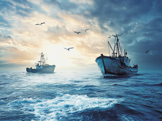 Obraz premium Two fishing boats navigating through calm waters at sunrise, surrounded by birds in the sky, capturing the essence of maritime life and tranquility