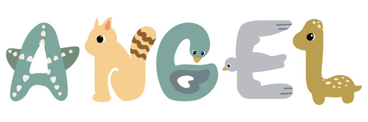 cute animal alphabet letters forming word angel nursery vector clipart illustration