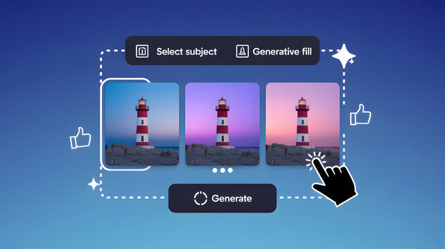 Lighthouse images in a generative fill interface with a hand clicking on the rightmost image - Powered by Adobe