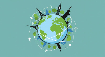 Explore the globe with iconic landmarks and soaring airplanes, symbolizing global travel and international adventure for your next project.