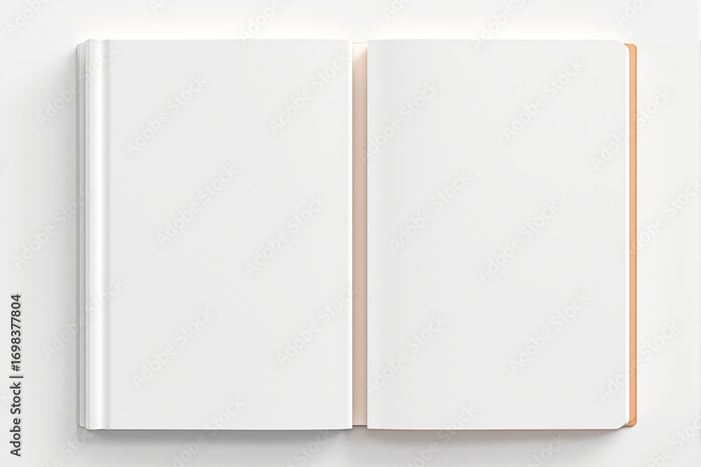 Poster open blank book with white pages displayed on a clean light background, minimalistic style for creat