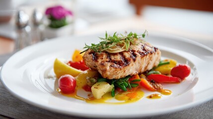 Photo of grilled salmon on a bed of colorful vegetables, garnished with fresh fruit sauce and green herbs on a luxurious white plate. Fine dining style food.