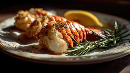 Image of grilled lobster served with lemon slices and rosemary.