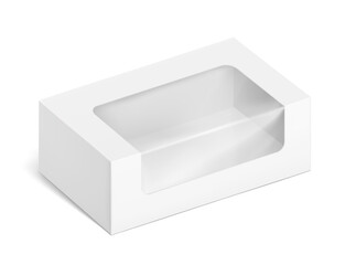 Universal mockup of blank cardboard box with transparent window. Vector illustration isolated on white background, ready and simple to use for your design. EPS10.