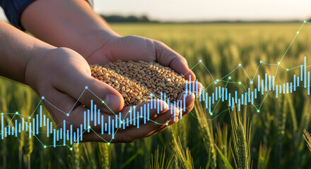 Hands Holding Grain with Overlaid Market Waveform: Agricultural Commodity Pricing, Yield-to-Market Linkage, Farm-to-Market Analytics, Crop Yield Forecasting, and Price Signal Visualization over Harves