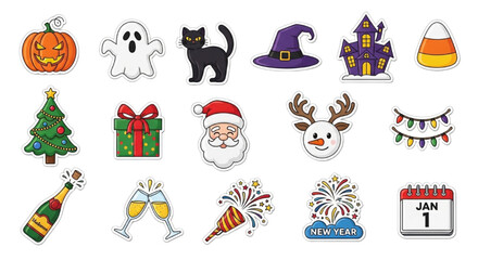 Fototapeta premium Holiday Sticker Pack – Halloween, Christmas & New Year Icons Vector