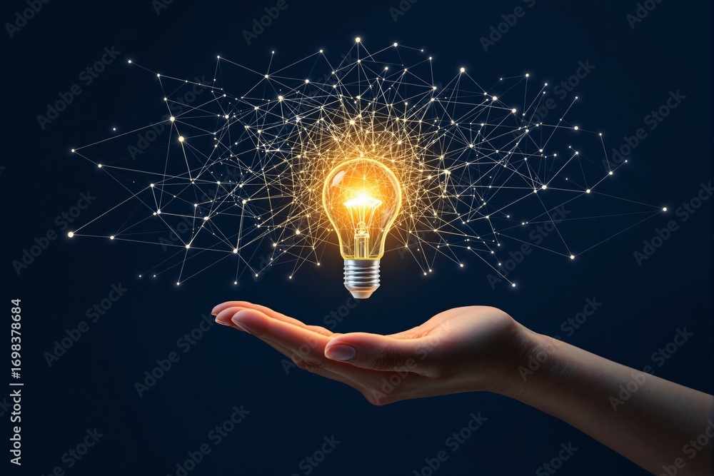 Aufkleber illuminated light bulb hovering over a human hand with glowing abstract network lines on a dark back