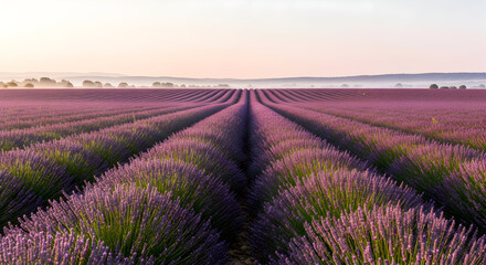 Obraz premium Lavender Fields at Sunset: Expansive Aromatic Lavender Rows, Agricultural Landscape, Rural Serenity, Floral Farming, and Scenic Sunset Colors Over Symmetrical Plantations