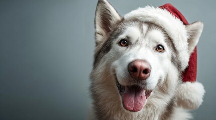 Obraz premium Cute Siberian husky dog smiles and wears a Santa hat against a plain background in the studio