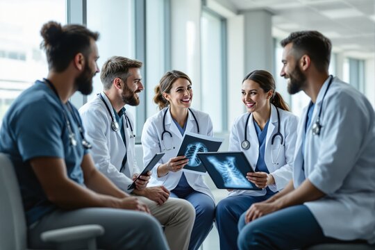 Medical professionals in white coats examining X-ray images together in a hospital setting with a bright background, concept of teamwork and healthcare. Ai generative - Powered by Adobe