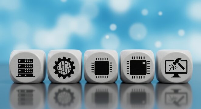 Digital technology and data processing icons on white cubes with a bokeh background - Powered by Adobe