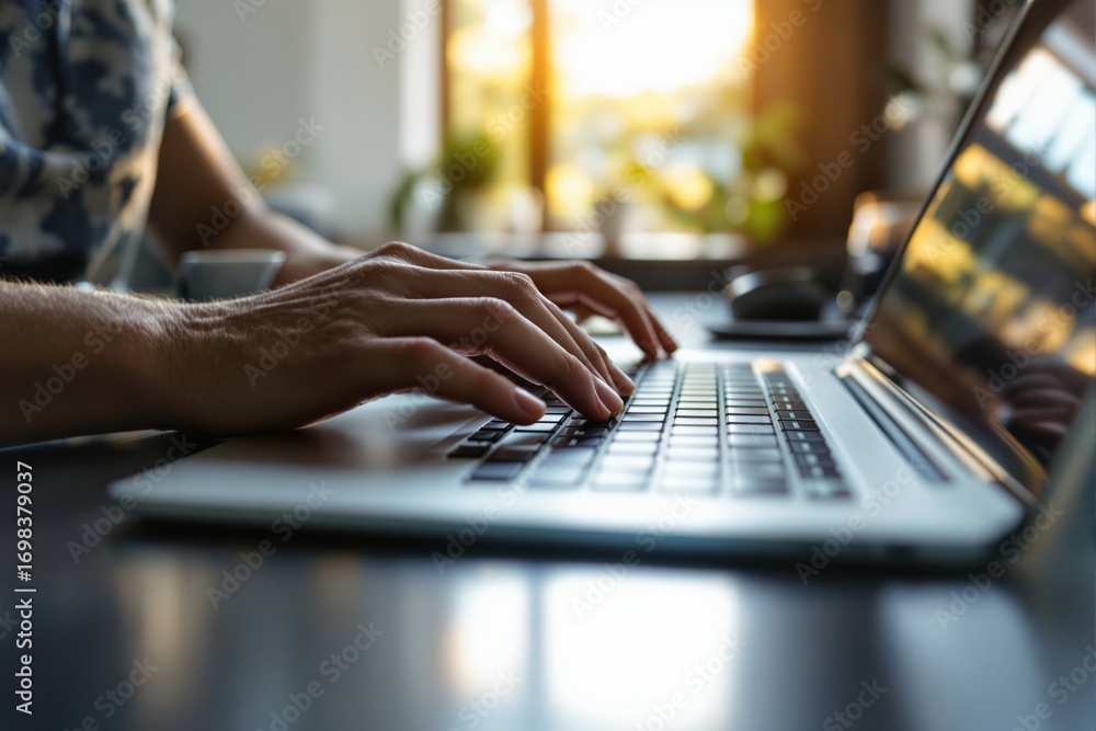 Poster hands typing on laptop keyboard in close-up view, natural light background with soft focus, concept 