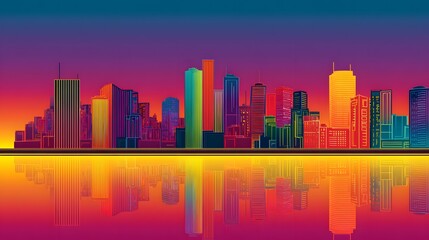 Obraz premium Colorful Urban Skyline at Sunset with Vibrant Reflections on Water Surface