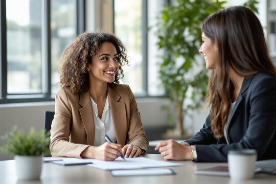 Two women in business attire smiling and talking during a meeting in a modern office, creative style, natural background, concept of collaboration. Ai generative - Powered by Adobe