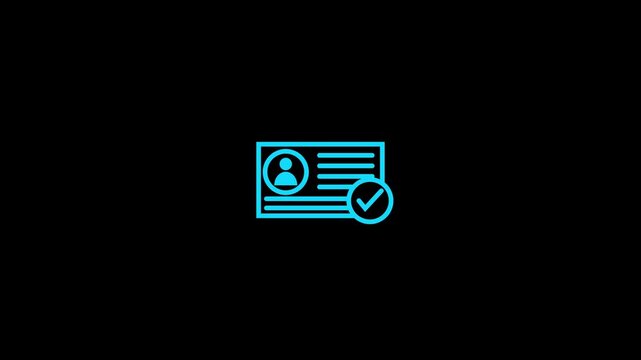Animation of id card icon with check mark. Alpha channel, transparent background. 4K resolution