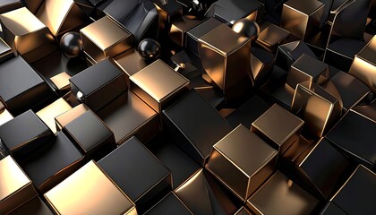 Abstract 3D composition of gold and black cubes, with scattered spheres, creating a textured geometric surface