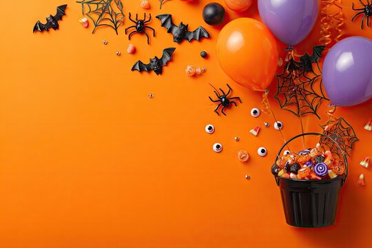 Halloween celebration flat lay with spooky decorations candy and balloons on an orange background. - Powered by Adobe