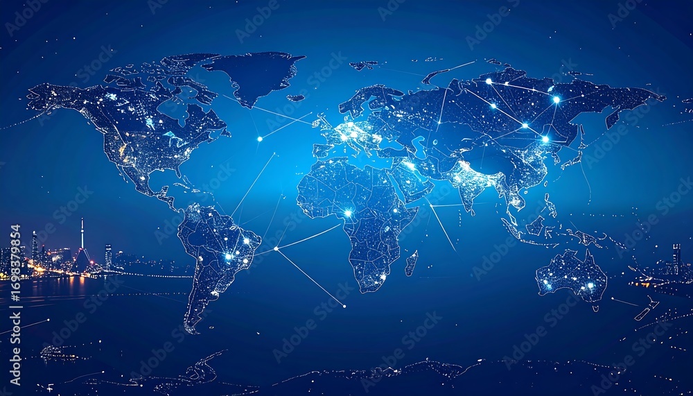 Poster global network map with illuminated connections. world map overlaid with digital lines