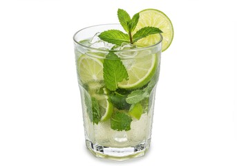 Fototapeta premium Refreshing, vibrant mojito cocktail in a glass, garnished with lime slices and fresh mint leaves, served with ice.