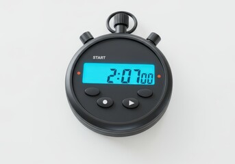 A circular, black digital stopwatch displays a time of 2:07.00 on a plain white surface.