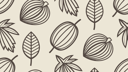 Seamless pattern with hand-drawn botanical leaves and seed pods in a minimalist organic line art style