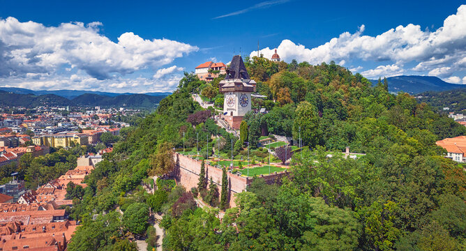 Aerial view on Castle hill (Schlo&szlig;berg) with famous clock tower (Uhrturm) at Graz in Styria, Austria